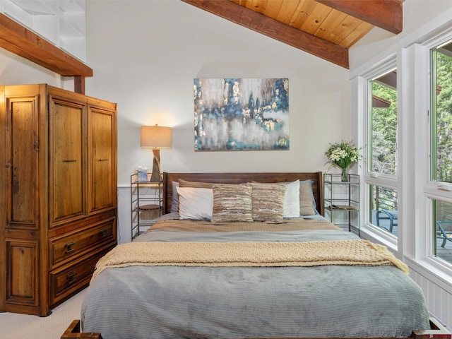 bedroom featuring beamed ceiling, high vaulted ceiling, and wooden ceiling