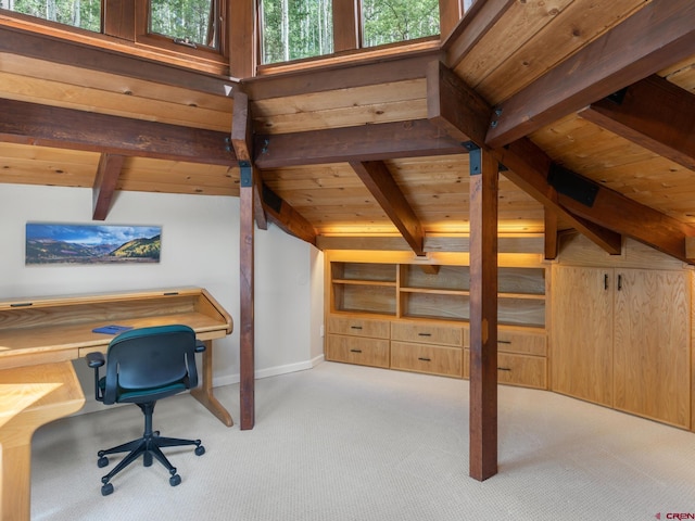 office featuring vaulted ceiling with beams, light colored carpet, and wood ceiling