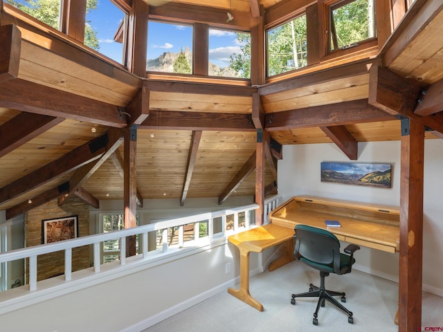 office featuring lofted ceiling with beams, carpet floors, and wooden ceiling