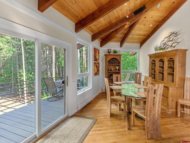 sunroom / solarium featuring lofted ceiling with beams and wooden ceiling