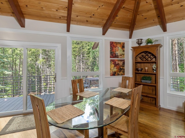 dining space featuring vaulted ceiling with beams, hardwood / wood-style flooring, and wooden ceiling