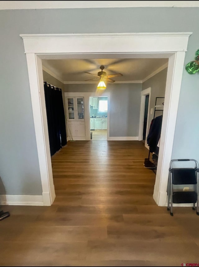 interior space featuring crown molding, ceiling fan, and hardwood / wood-style flooring