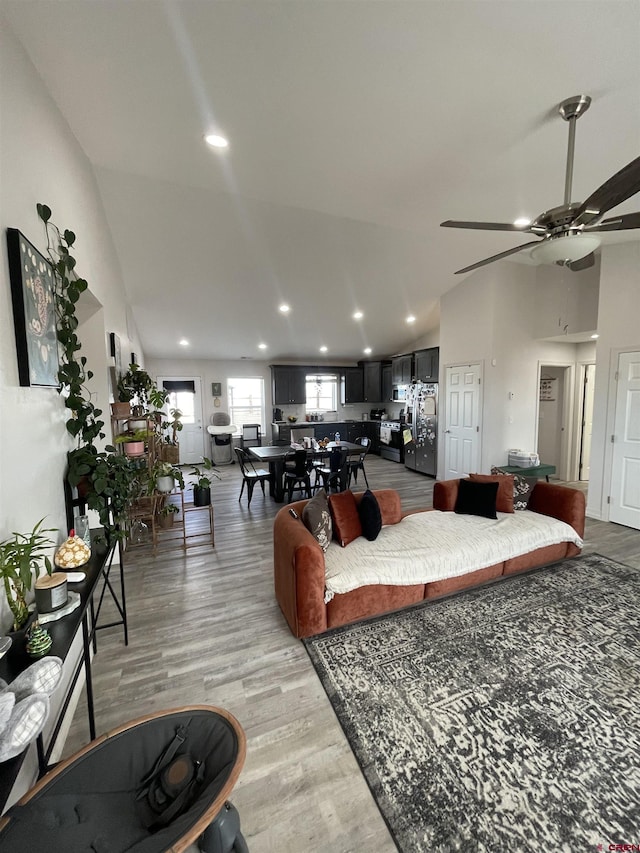 living room featuring lofted ceiling, ceiling fan, and light hardwood / wood-style flooring