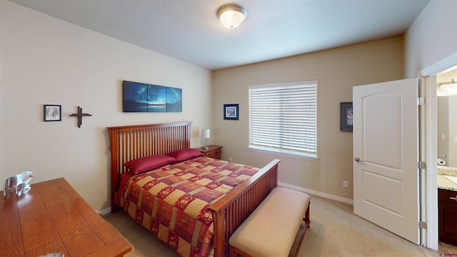 bedroom with light carpet