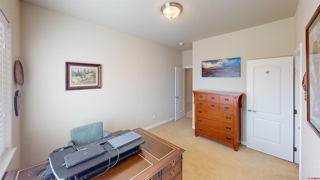 home office with light colored carpet