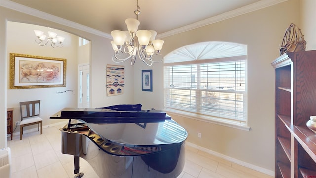 interior space with ornamental molding, light tile patterned floors, and a notable chandelier