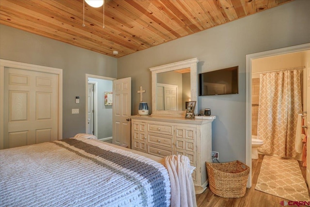 bedroom with wood-type flooring, ensuite bathroom, and wooden ceiling