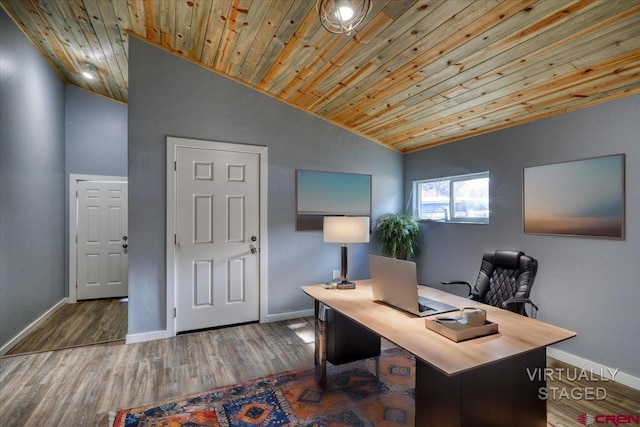 home office featuring lofted ceiling, wood ceiling, and hardwood / wood-style flooring