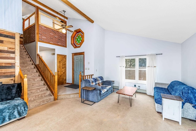 carpeted living room with baseboard heating, ceiling fan, beam ceiling, and high vaulted ceiling