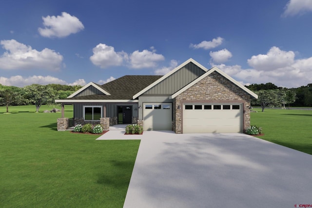 2319 Stone Bridge Dr, Montrose, CO 81401 - craftsman house featuring board and batten siding, an attached garage, a front lawn, concrete driveway, and stone siding