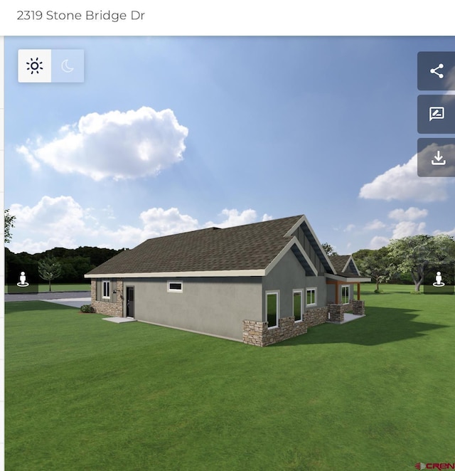 2319 Stone Bridge Dr, Montrose, CO 81401 - view of side of property featuring stone siding, stucco siding, a lawn, and roof with shingles