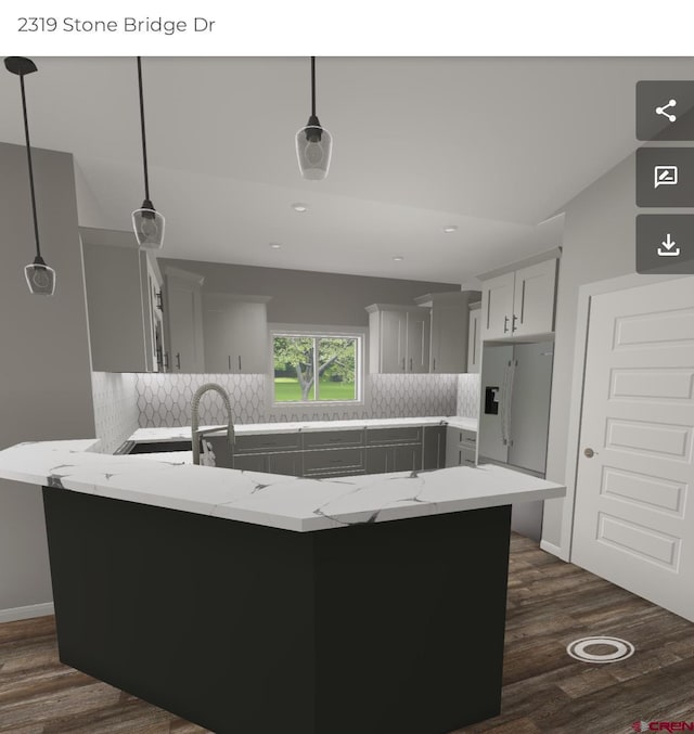 2319 Stone Bridge Dr, Montrose, CO 81401 - kitchen featuring a peninsula, light stone countertops, backsplash, dark wood-type flooring, and recessed lighting