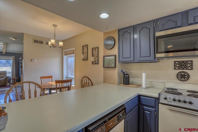 kitchen with decorative light fixtures, blue cabinets, dishwasher, a chandelier, and white electric range oven