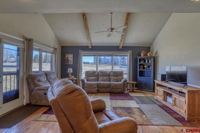 living room featuring hardwood / wood-style floors, a wealth of natural light, and lofted ceiling with beams