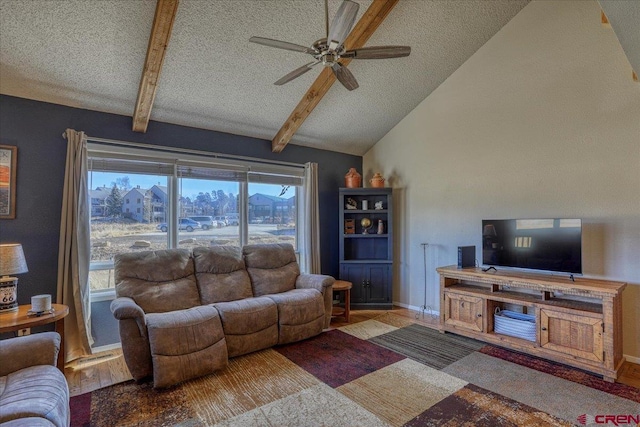 living room featuring vaulted ceiling with beams, hardwood / wood-style floors, a textured ceiling, and ceiling fan