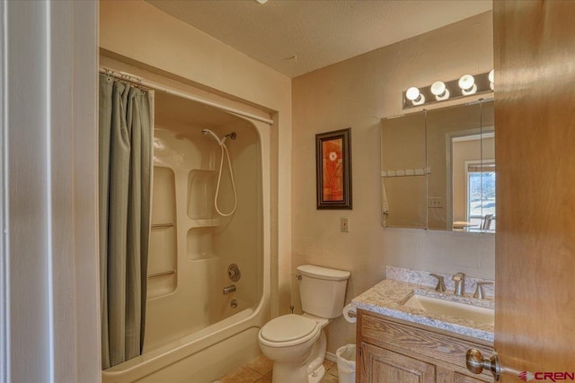 full bathroom featuring vanity, shower / tub combo, a textured ceiling, and toilet