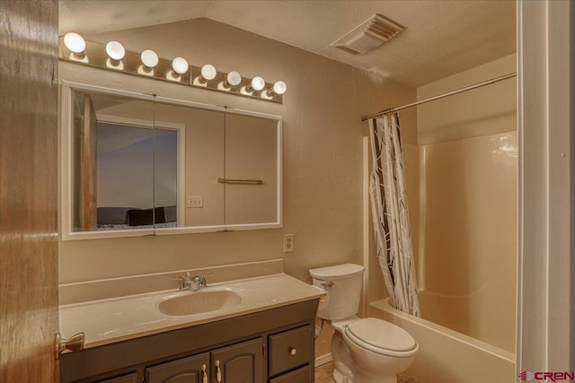 full bathroom with toilet, vaulted ceiling, a textured ceiling, vanity, and shower / bath combo