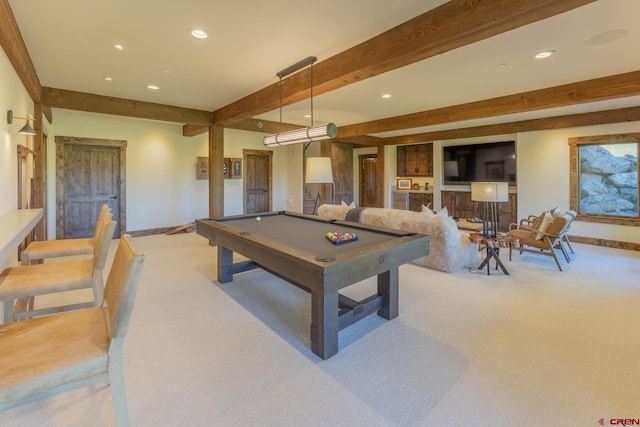 rec room with light carpet, pool table, and beam ceiling