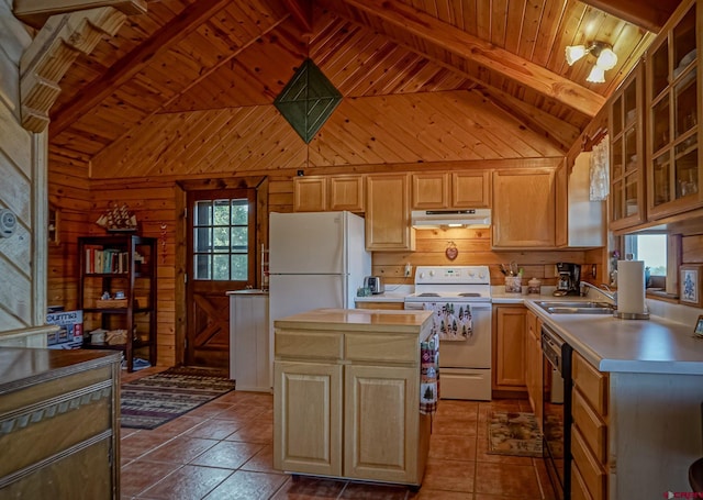 kitchen with white appliances, sink, a kitchen island, wooden walls, and wood ceiling