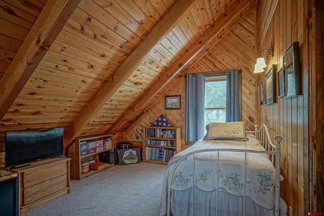 bedroom featuring lofted ceiling with beams, wood ceiling, carpet, and wooden walls