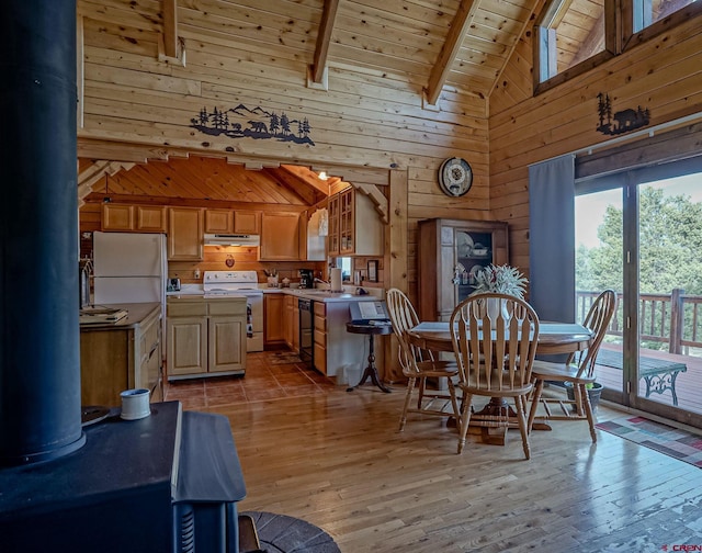 dining room with light wood-type flooring, wood ceiling, wood walls, and beam ceiling