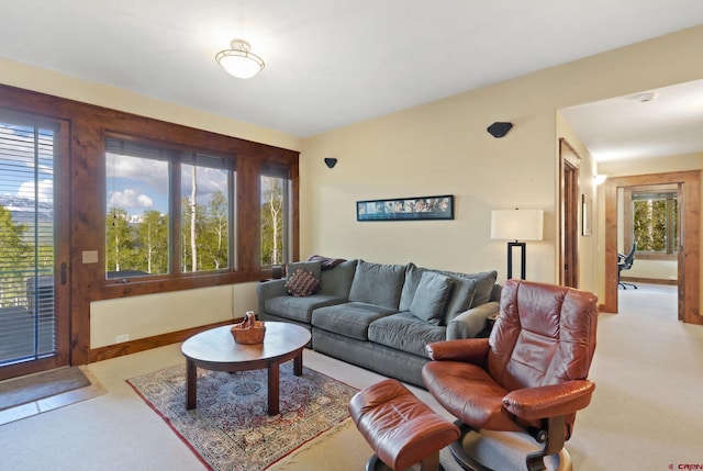 living room featuring light colored carpet