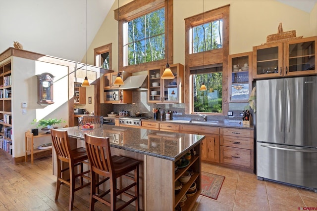 kitchen with a sink, stainless steel appliances, open shelves, and glass insert cabinets