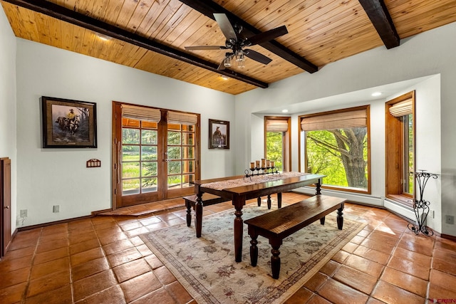 dining space with wooden ceiling, baseboards, ceiling fan, and beam ceiling