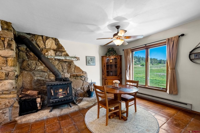 dining area with a baseboard heating unit, a wood stove, and a ceiling fan