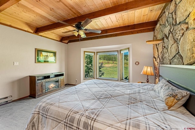 bedroom with a glass covered fireplace, wooden ceiling, light colored carpet, and beam ceiling