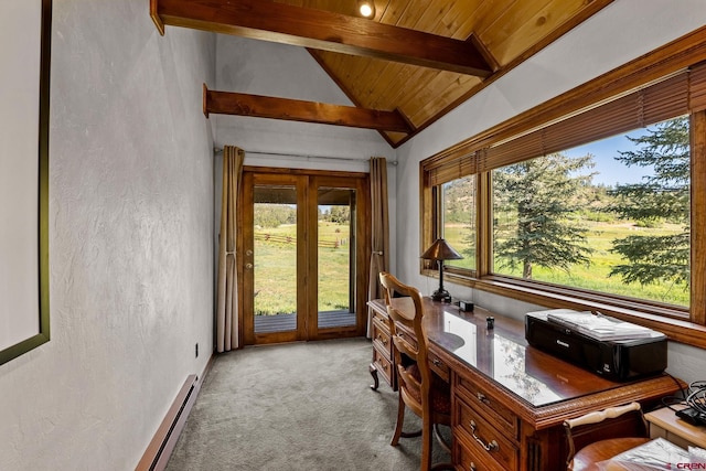 office space featuring lofted ceiling with beams, a textured wall, wooden ceiling, light carpet, and baseboard heating