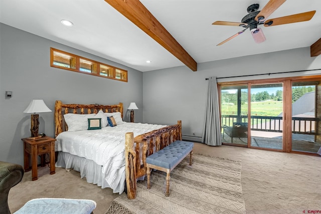 bedroom with access to exterior, beam ceiling, recessed lighting, light colored carpet, and a baseboard heating unit