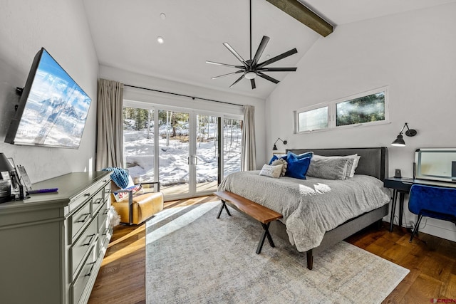 bedroom featuring ceiling fan, high vaulted ceiling, dark wood-type flooring, and beamed ceiling