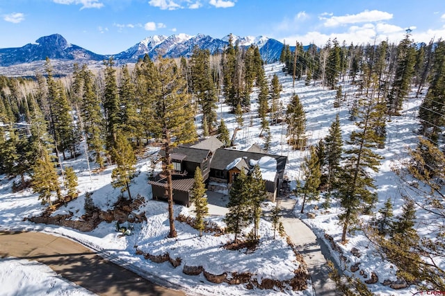 snowy aerial view featuring a mountain view