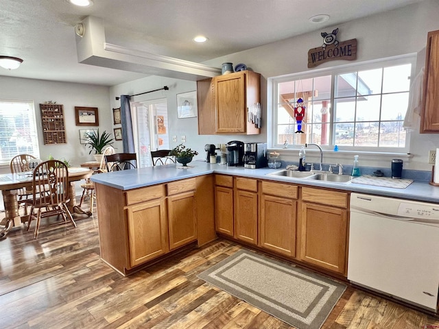 kitchen featuring a peninsula, wood finished floors, a sink, light countertops, and dishwasher