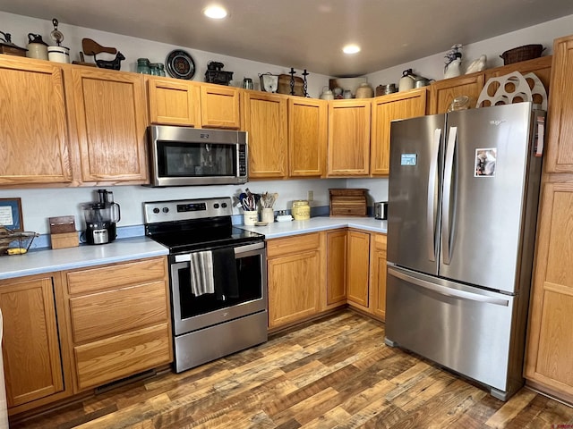 kitchen featuring light countertops, appliances with stainless steel finishes, dark wood finished floors, and recessed lighting