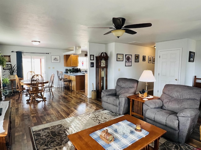 living room featuring a ceiling fan and dark wood-type flooring