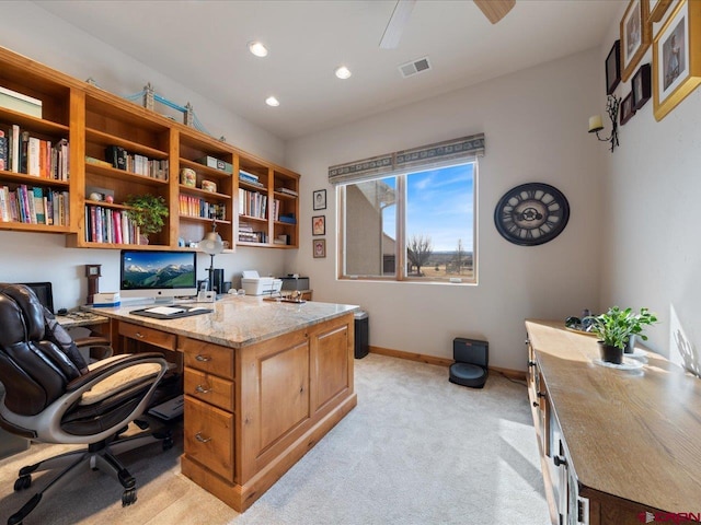 office area with recessed lighting, light colored carpet, visible vents, ceiling fan, and baseboards