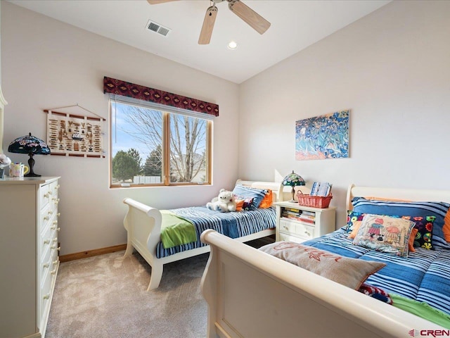 bedroom featuring light carpet, baseboards, visible vents, a ceiling fan, and recessed lighting