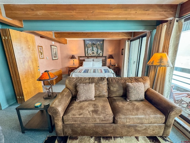 bedroom featuring a baseboard radiator, baseboards, carpet flooring, and beamed ceiling