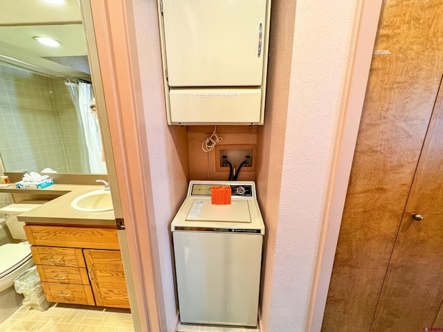 bathroom with toilet, stacked washer and dryer, a shower with shower curtain, vanity, and water heater