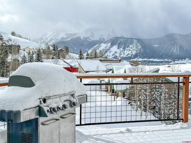 snow covered gate with a mountain view