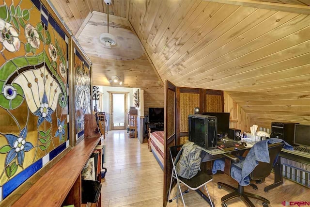 dining space featuring lofted ceiling, wood ceiling, wood walls, and light wood-style flooring