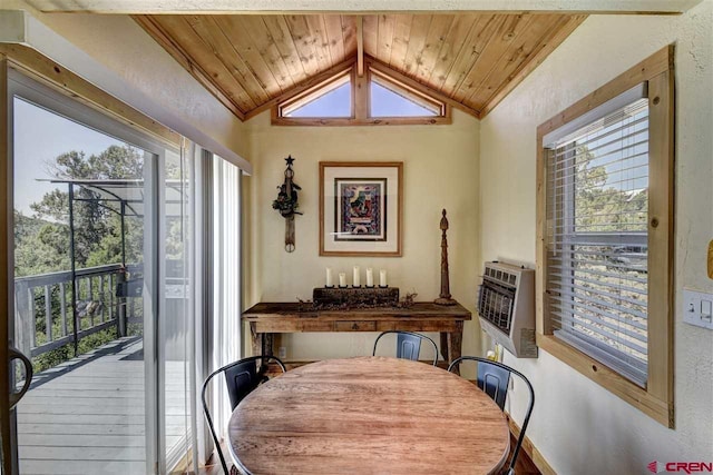 dining area with lofted ceiling, wooden ceiling, and a wealth of natural light