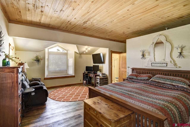 bedroom featuring wood ceiling, baseboards, and wood finished floors