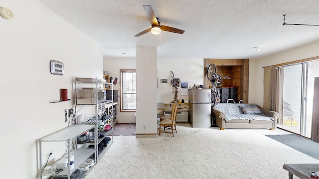 living room with a textured ceiling, carpet floors, and a ceiling fan