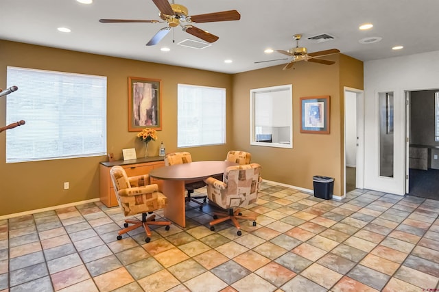 dining area featuring baseboards, visible vents, and recessed lighting