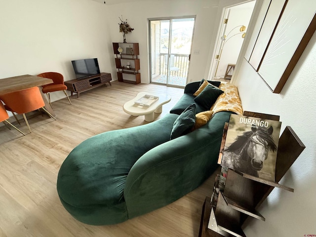 living area with light wood-type flooring and baseboards