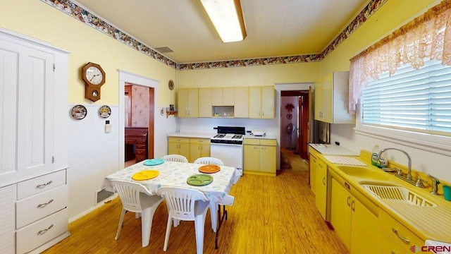 9992 2150th Rd, Austin, CO 81410 - kitchen with white range with gas stovetop, a sink, light wood-type flooring, and light countertops