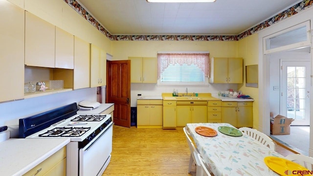 9992 2150th Rd, Austin, CO 81410 - kitchen featuring white gas stove, a sink, light wood finished floors, and light countertops